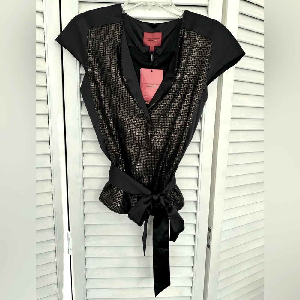 Brand New Narciso Rodriguez Sequin Top  Xs Black Gold Luxurious Shirt Blouse